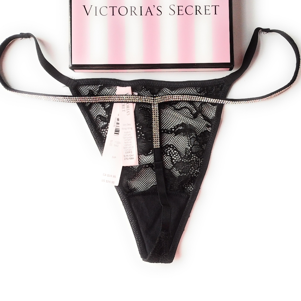 VICTORIA'S SECRET VERY SEXY Rhinestone Shine Strap Black V-String Thong Panty S